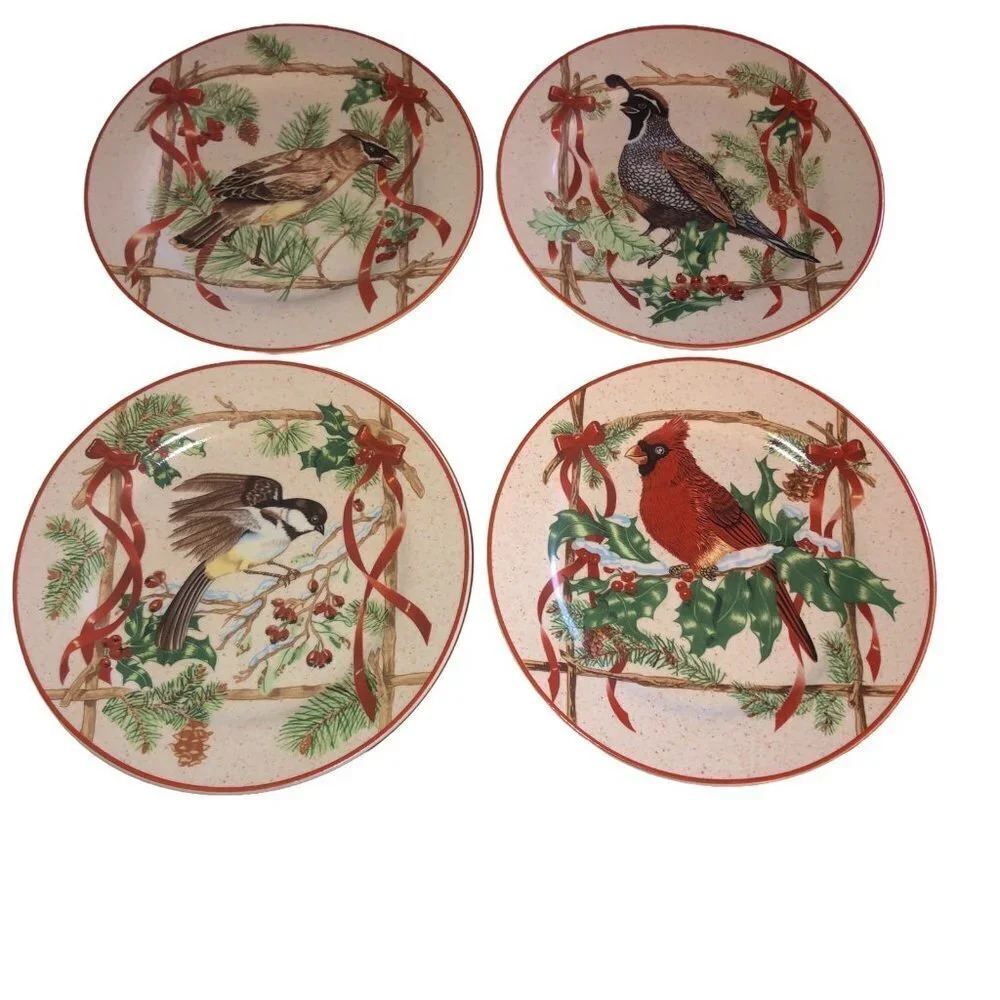 BLOCK Basics 2000 "Festive Ribbon" 8" Bird Salad/Dessert Plates Cardinal Set 4